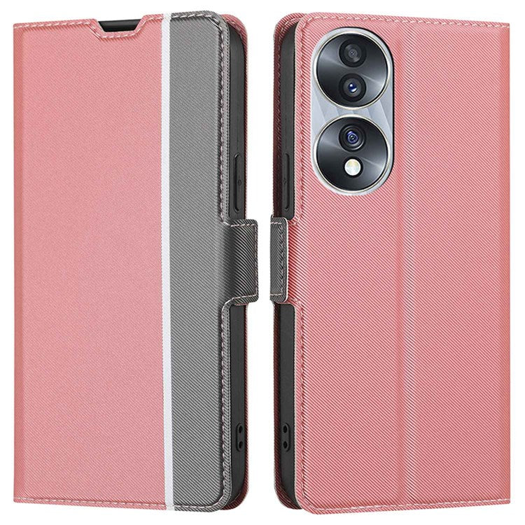 For Honor 70 5G Twill Texture Ultra-thin Phone Shell Full Covering Protective Cellphone Case PU Leather+TPU Stand Card Holder Function - Pink