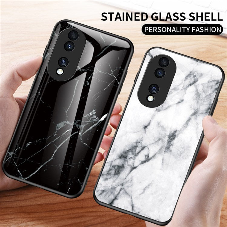 For Honor 70 5G Slim Marble Pattern Tempered Glass + PC + TPU Hybrid Drop-proof Cover - Black Marble