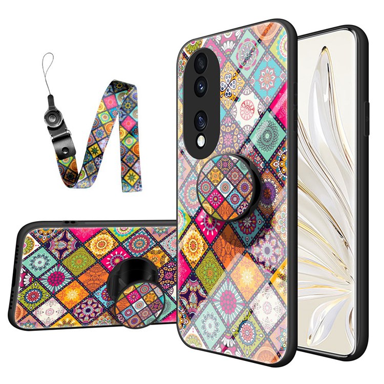 For Honor 70 5G Anti-fall Flower Pattern Tempered Glass + Hard PC Back Phone Case Soft TPU Kickstand Protective Cover with Lanyard - Color Pattern