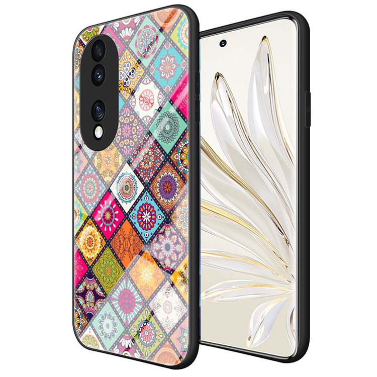 For Honor 70 5G Anti-fall Flower Pattern Tempered Glass + Hard PC Back Phone Case Soft TPU Kickstand Protective Cover with Lanyard - Color Pattern