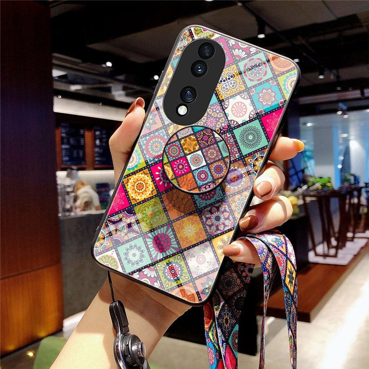 For Honor 70 5G Anti-fall Flower Pattern Tempered Glass + Hard PC Back Phone Case Soft TPU Kickstand Protective Cover with Lanyard - Color Pattern