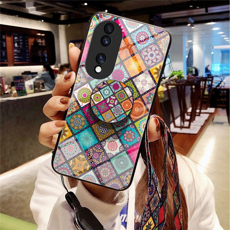 For Honor 70 5G Anti-fall Flower Pattern Tempered Glass + Hard PC Back Phone Case Soft TPU Kickstand Protective Cover with Lanyard - Color Pattern