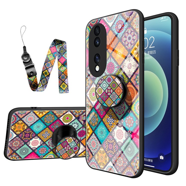 For Honor 70 5G Anti-fall Flower Pattern Tempered Glass + Hard PC Back Phone Case Soft TPU Kickstand Protective Cover with Lanyard - Checkered Pattern