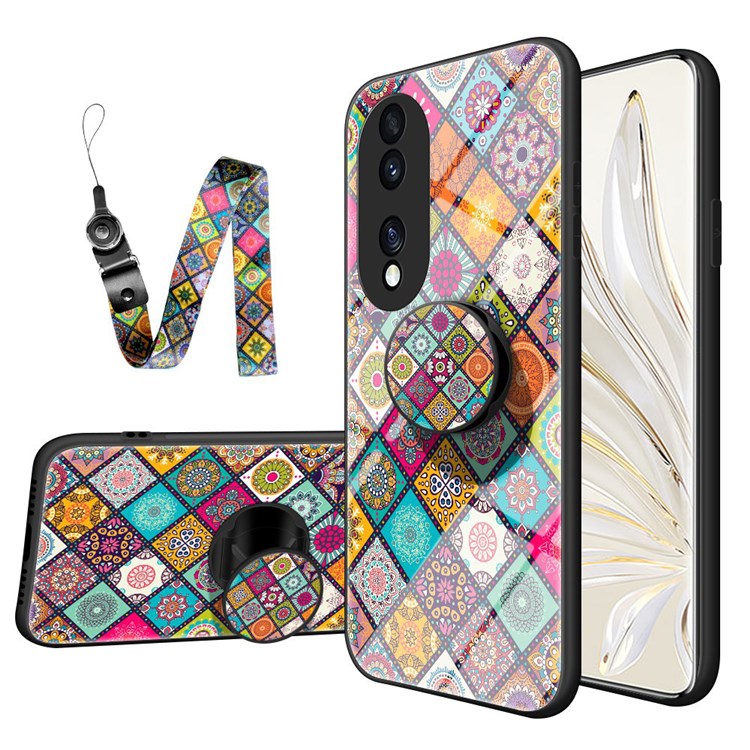 For Honor 70 5G Anti-fall Flower Pattern Tempered Glass + Hard PC Back Phone Case Soft TPU Kickstand Protective Cover with Lanyard - Checkered Pattern