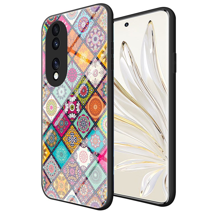 For Honor 70 5G Anti-fall Flower Pattern Tempered Glass + Hard PC Back Phone Case Soft TPU Kickstand Protective Cover with Lanyard - Checkered Pattern