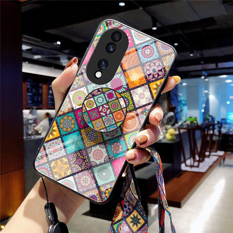 For Honor 70 5G Anti-fall Flower Pattern Tempered Glass + Hard PC Back Phone Case Soft TPU Kickstand Protective Cover with Lanyard - Checkered Pattern
