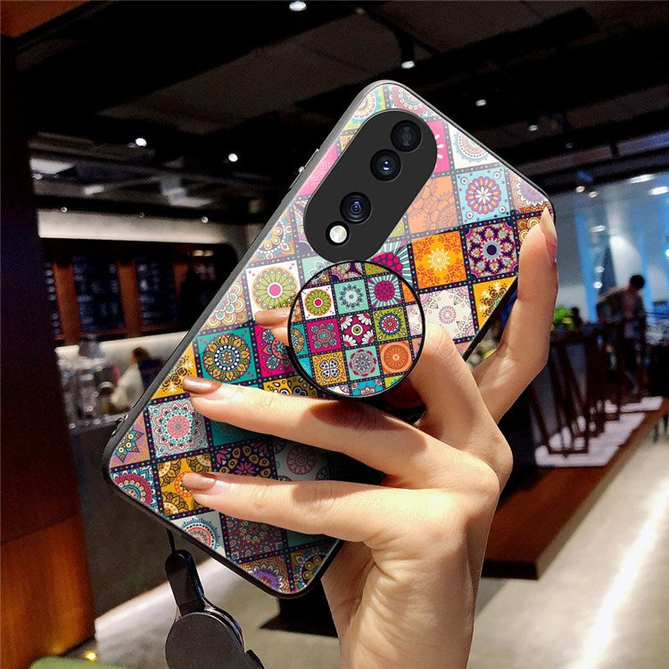 For Honor 70 5G Anti-fall Flower Pattern Tempered Glass + Hard PC Back Phone Case Soft TPU Kickstand Protective Cover with Lanyard - Checkered Pattern