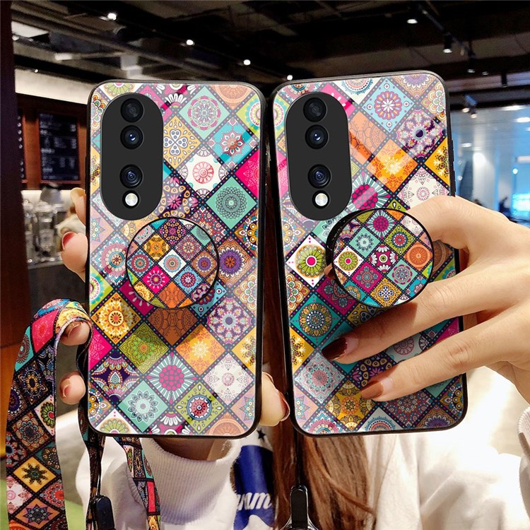 For Honor 70 5G Anti-fall Flower Pattern Tempered Glass + Hard PC Back Phone Case Soft TPU Kickstand Protective Cover with Lanyard - Checkered Pattern