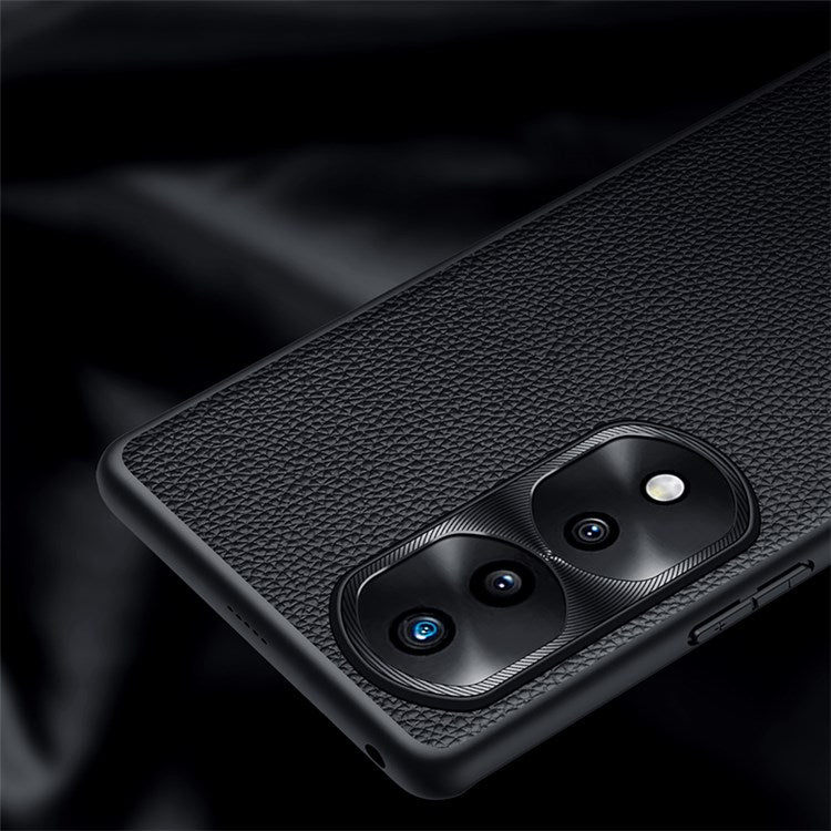 Metal Lens Cover Phone Case for Honor 70 5G, Litchi Texture Precise Cutout Genuine Cowhide Leather + TPU Cover - Black