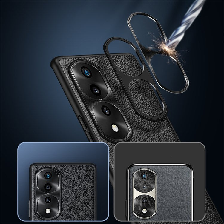 Metal Lens Cover Phone Case for Honor 70 5G, Litchi Texture Precise Cutout Genuine Cowhide Leather + TPU Cover - Sapphire