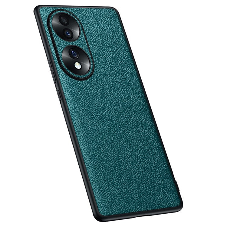 Camera Lens Protection Litchi Texture Case for Honor 70 5G, Genuine Cowhide Leather Coated TPU Cover - Green