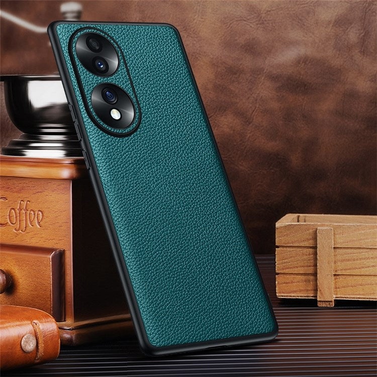 Camera Lens Protection Litchi Texture Case for Honor 70 5G, Genuine Cowhide Leather Coated TPU Cover - Green