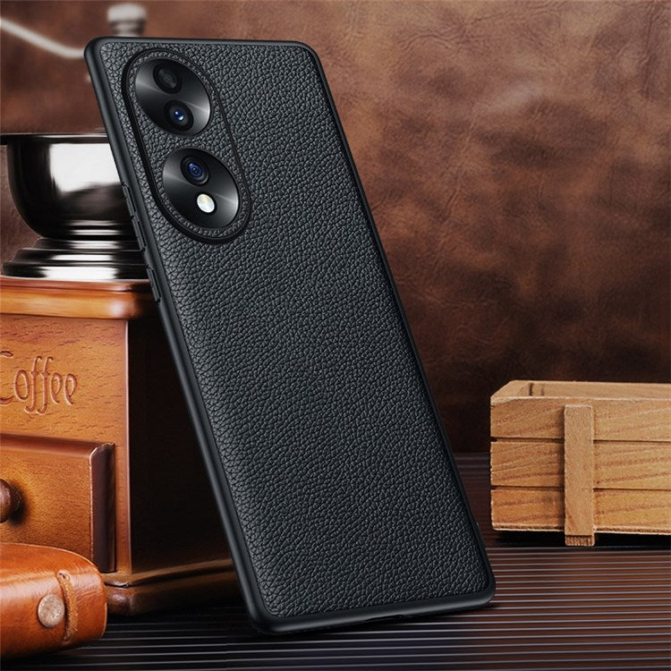 Camera Lens Protection Litchi Texture Case for Honor 70 5G, Genuine Cowhide Leather Coated TPU Cover - Black