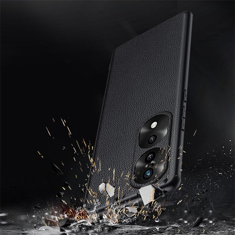 Camera Lens Protection Litchi Texture Case for Honor 70 5G, Genuine Cowhide Leather Coated TPU Cover - Black
