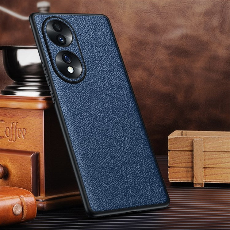 Camera Lens Protection Litchi Texture Case for Honor 70 5G, Genuine Cowhide Leather Coated TPU Cover - Sapphire