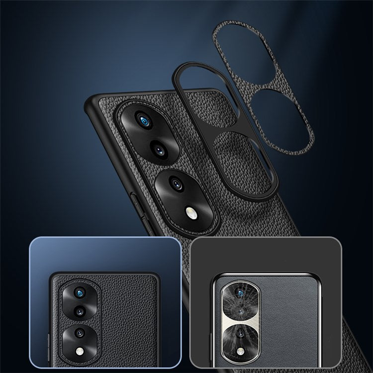 Camera Lens Protection Litchi Texture Case for Honor 70 5G, Genuine Cowhide Leather Coated TPU Cover - Sapphire