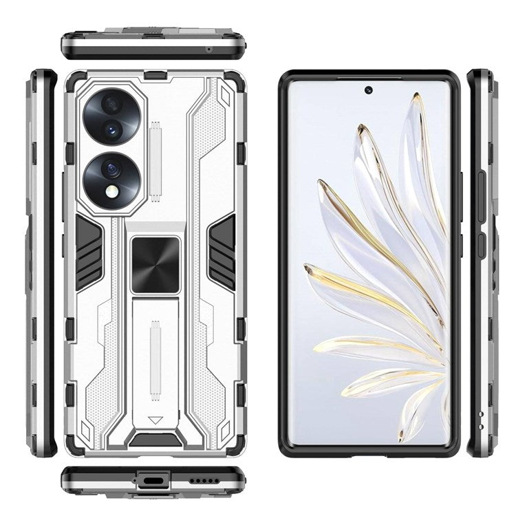 For Honor 70 5G Phone Case Kickstand Hard PC Soft TPU Dual Layer Anti-Slip Rugged Protective Cover - Silver