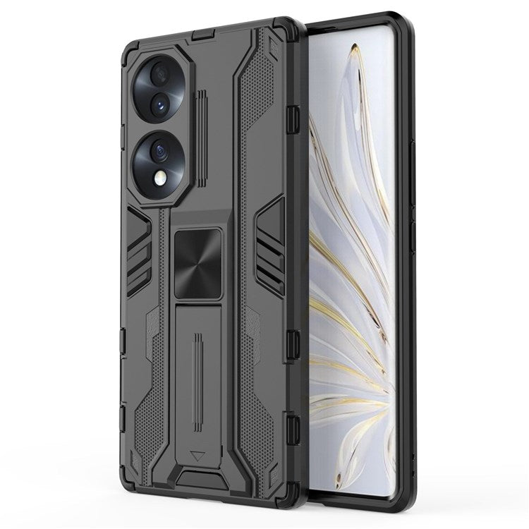 For Honor 70 5G Phone Case Kickstand Hard PC Soft TPU Dual Layer Anti-Slip Rugged Protective Cover - Black