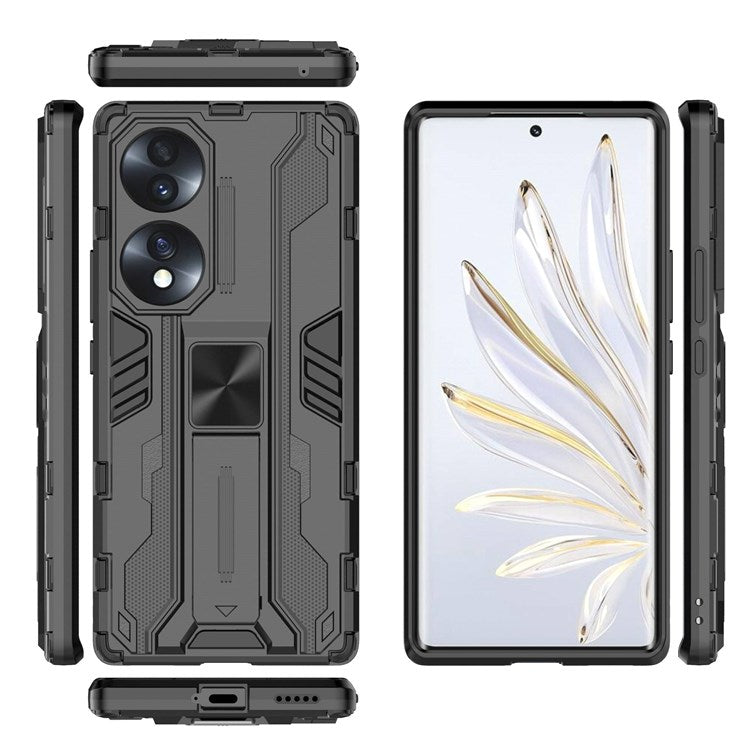 For Honor 70 5G Phone Case Kickstand Hard PC Soft TPU Dual Layer Anti-Slip Rugged Protective Cover - Black