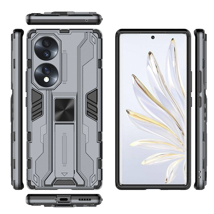 For Honor 70 5G Phone Case Kickstand Hard PC Soft TPU Dual Layer Anti-Slip Rugged Protective Cover - Grey