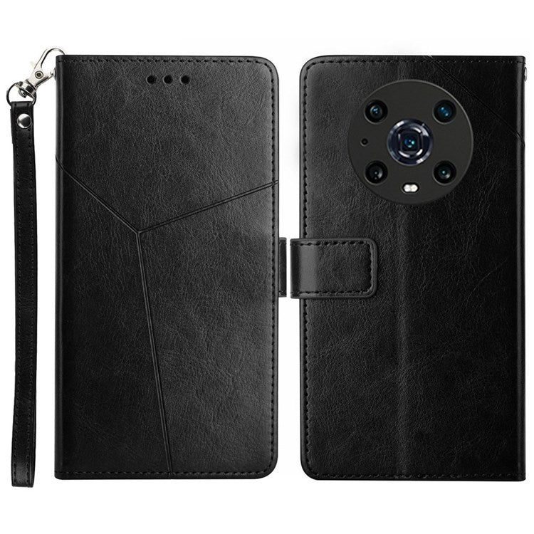 For Honor Magic4 Pro 5G Imprinted Y-Shaped Lines Drop-proof PU Leather Flip Shell Wallet Stand Magnetic Closure Shockproof Folio Case with Strap - Black