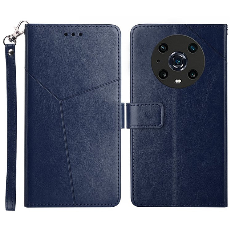 For Honor Magic4 Pro 5G Imprinted Y-Shaped Lines Drop-proof PU Leather Flip Shell Wallet Stand Magnetic Closure Shockproof Folio Case with Strap - Blue