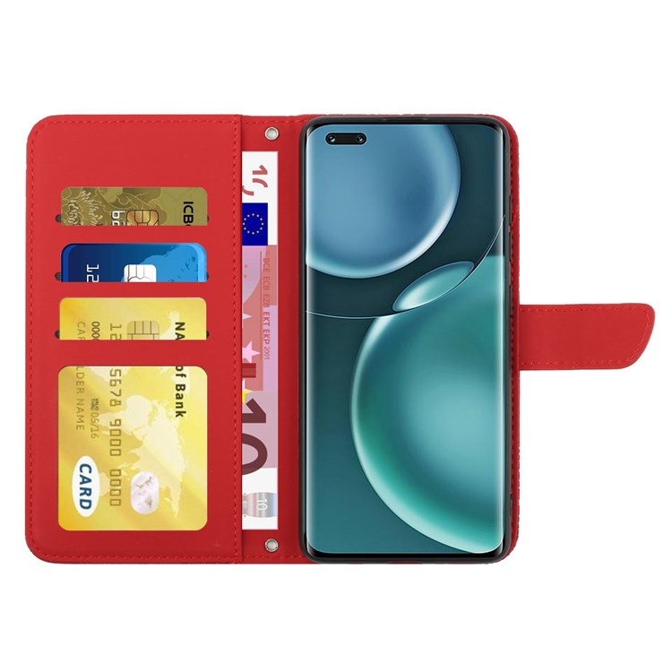 For Honor Magic4 Pro 5G Anti-fall Shockproof Flip Leather Case Butterfly Flowers Pattern Imprinted Wallet Scratch-proof Phone Cover Stand with Shoulder Strap - Red