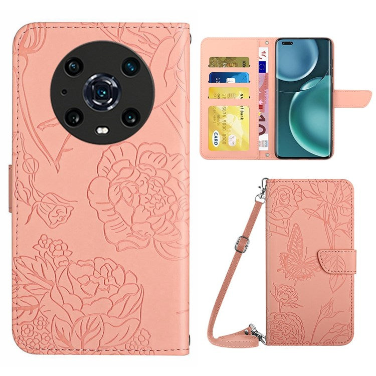For Honor Magic4 Pro 5G Anti-fall Shockproof Flip Leather Case Butterfly Flowers Pattern Imprinted Wallet Scratch-proof Phone Cover Stand with Shoulder Strap - Pink