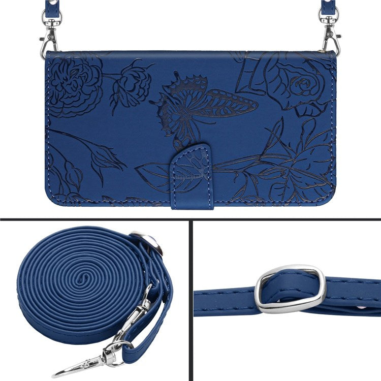 For Honor Magic4 Pro 5G Anti-fall Shockproof Flip Leather Case Butterfly Flowers Pattern Imprinted Wallet Scratch-proof Phone Cover Stand with Shoulder Strap - Blue