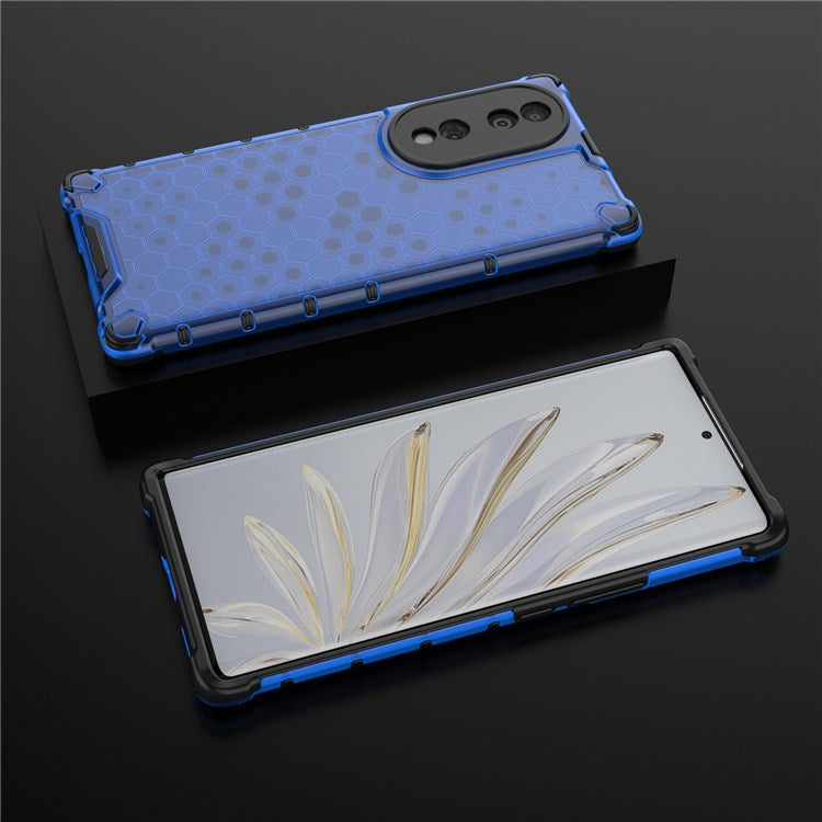 Honeycomb Textured Phone Case for Honor 70 5G, Reinforced Corners Soft TPU + Hard PC Hybrid Cover - Blue