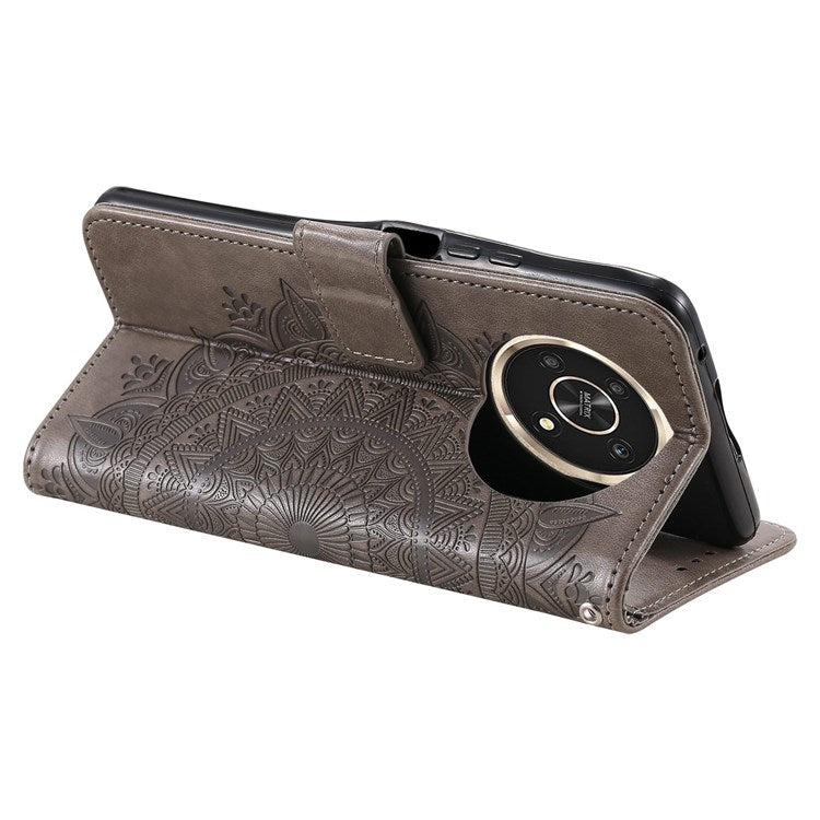 For Honor X30/X9 4G/5G Imprinted Mandala Flower Pattern Wrist Strap Wallet Case PU Leather Stand Feature Flip Cover - Grey
