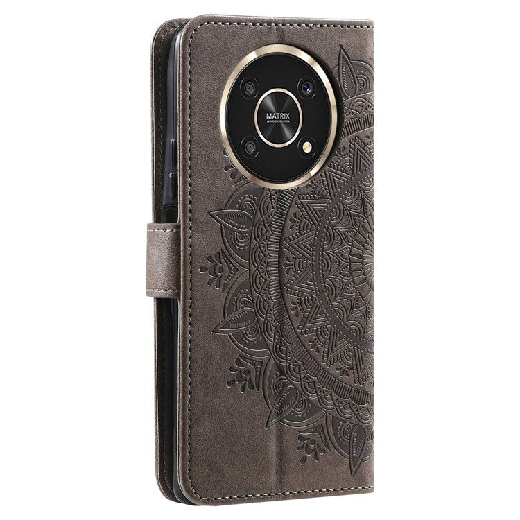 For Honor X30/X9 4G/5G Imprinted Mandala Flower Pattern Wrist Strap Wallet Case PU Leather Stand Feature Flip Cover - Grey