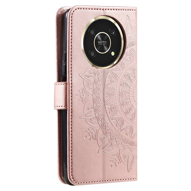 For Honor X30/X9 4G/5G Imprinted Mandala Flower Pattern Wrist Strap Wallet Case PU Leather Stand Feature Flip Cover - Rose Gold