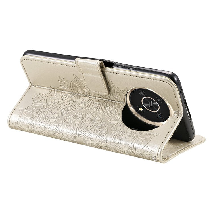 For Honor X30/X9 4G/5G Imprinted Mandala Flower Pattern Wrist Strap Wallet Case PU Leather Stand Feature Flip Cover - Gold