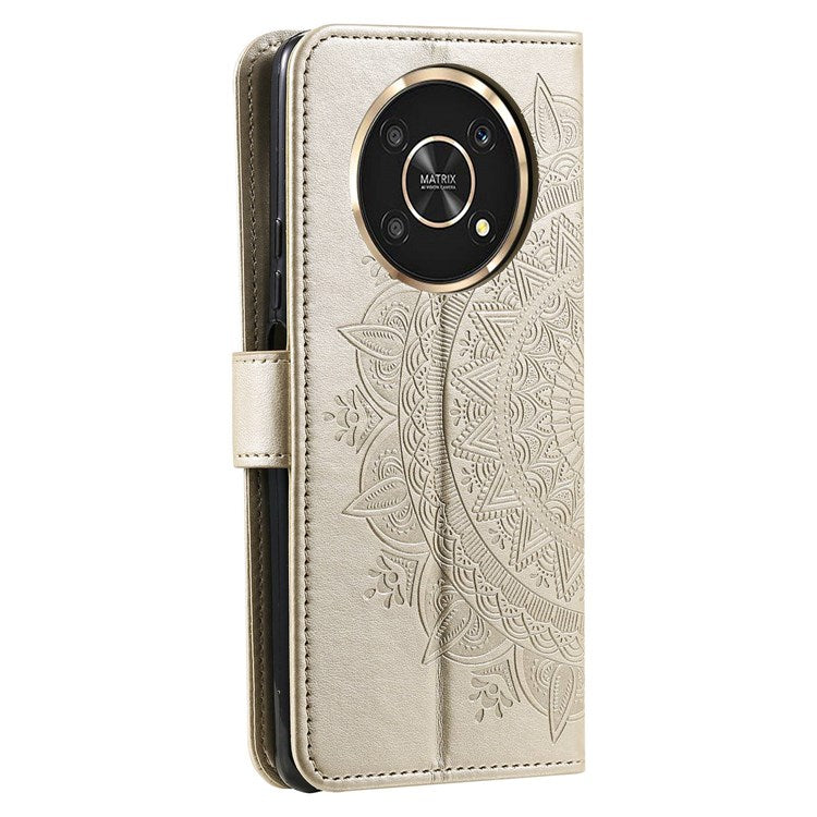 For Honor X30/X9 4G/5G Imprinted Mandala Flower Pattern Wrist Strap Wallet Case PU Leather Stand Feature Flip Cover - Gold