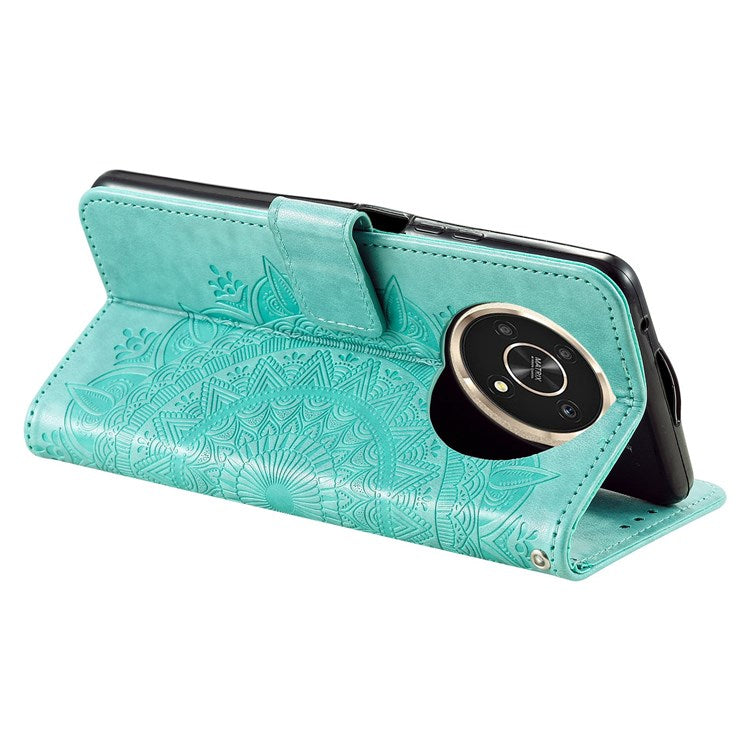 For Honor X30/X9 4G/5G Imprinted Mandala Flower Pattern Wrist Strap Wallet Case PU Leather Stand Feature Flip Cover - Green