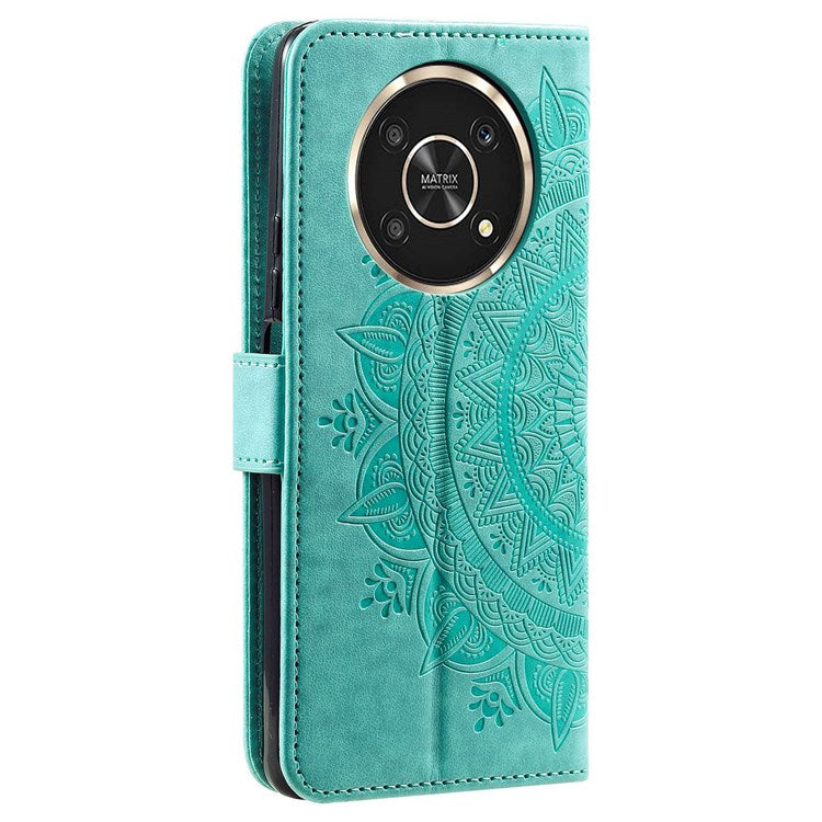 For Honor X30/X9 4G/5G Imprinted Mandala Flower Pattern Wrist Strap Wallet Case PU Leather Stand Feature Flip Cover - Green