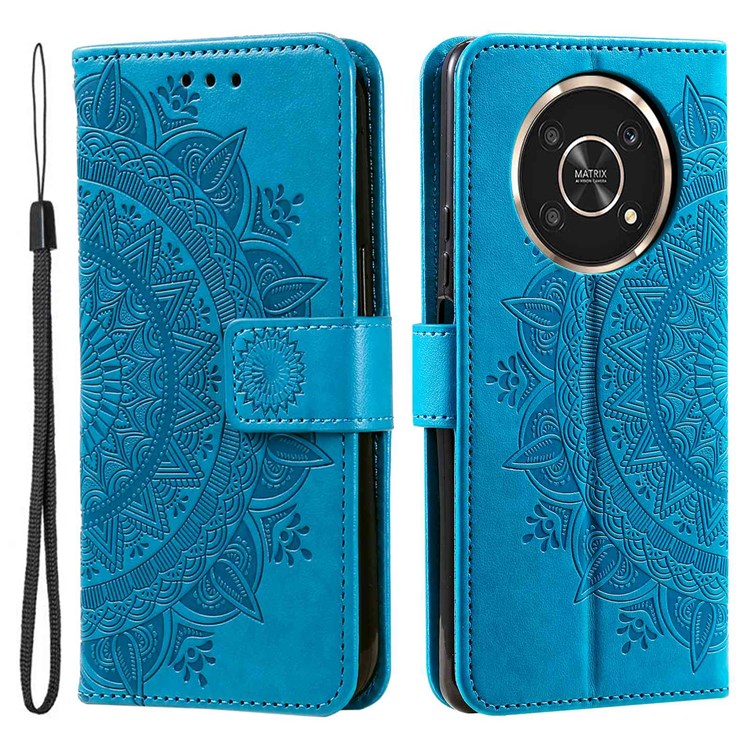 For Honor X30/X9 4G/5G Imprinted Mandala Flower Pattern Wrist Strap Wallet Case PU Leather Stand Feature Flip Cover - Blue