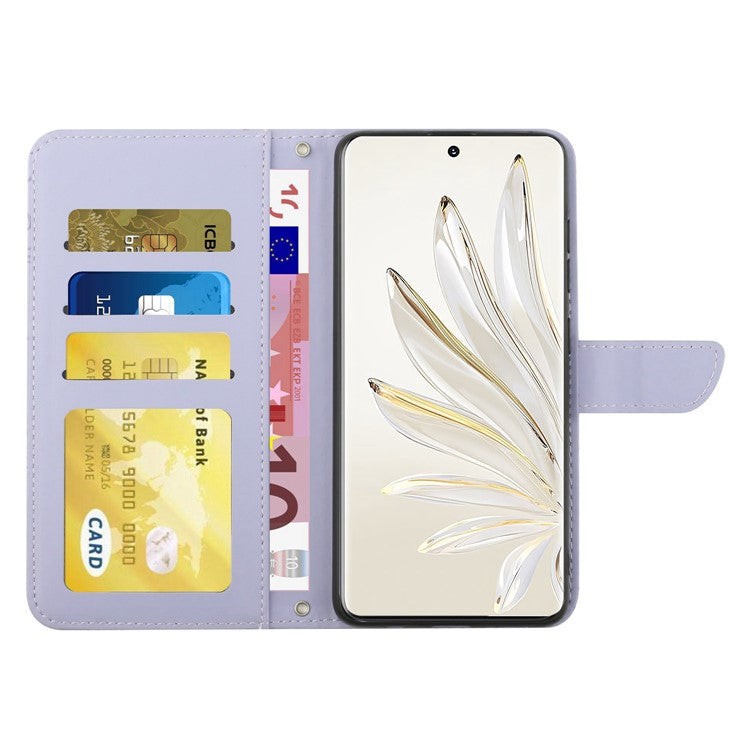 For Honor 70 Pro 5G / 70 Pro+ 5G HT03 Imprinted Butterfly Flowers Phone Case Skin-Touch PU Leather Wallet Style Flip Stand Cover with Shoulder Strap - Light Purple