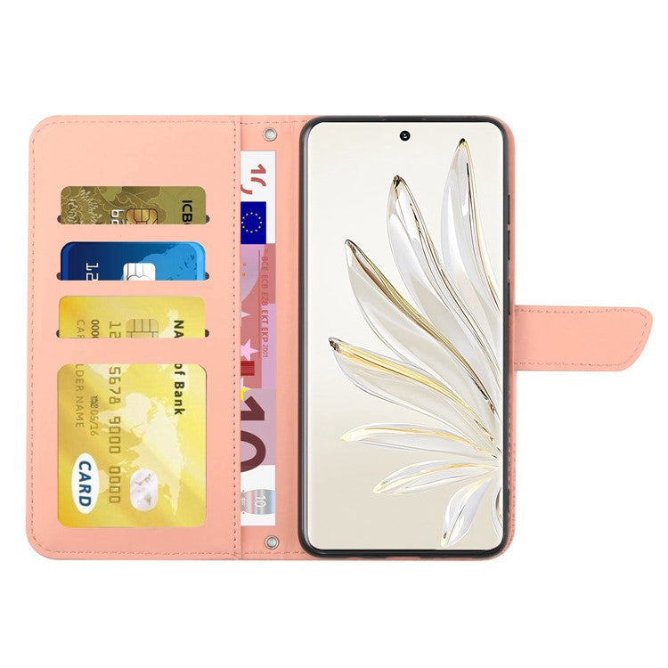 For Honor 70 Pro 5G / 70 Pro+ 5G HT03 Imprinted Butterfly Flowers Phone Case Skin-Touch PU Leather Wallet Style Flip Stand Cover with Shoulder Strap - Pink