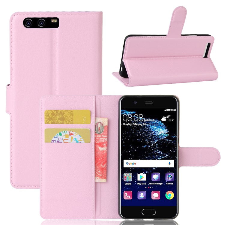 For Huawei P10 Litchi Skin Leather Stand Cover with Separated Wallet Design Anti-Collision Protection - Pink