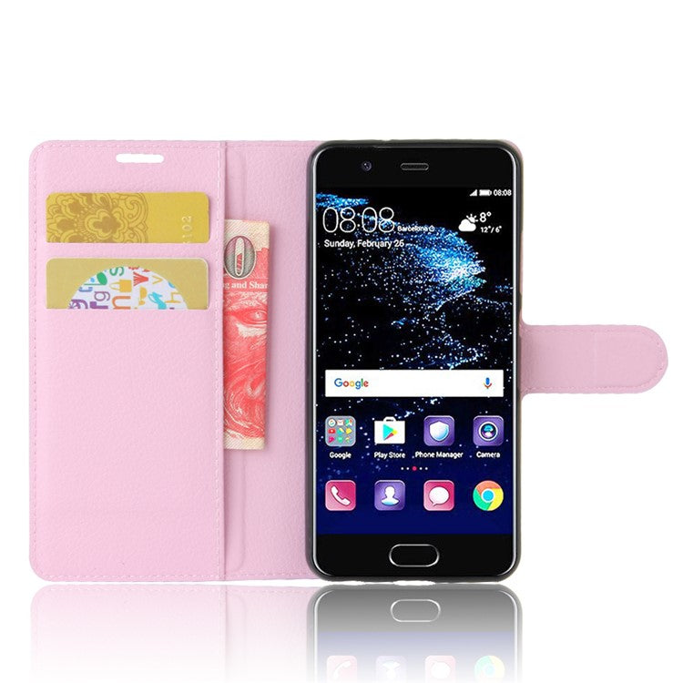 For Huawei P10 Litchi Skin Leather Stand Cover with Separated Wallet Design Anti-Collision Protection - Pink