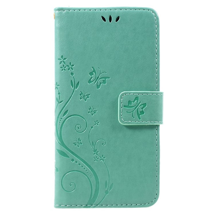 Imprinted Flora Butterflies Leather Phone Case Wallet for Huawei P8 Lite (2017) / Honor 8 Lite - Cyan