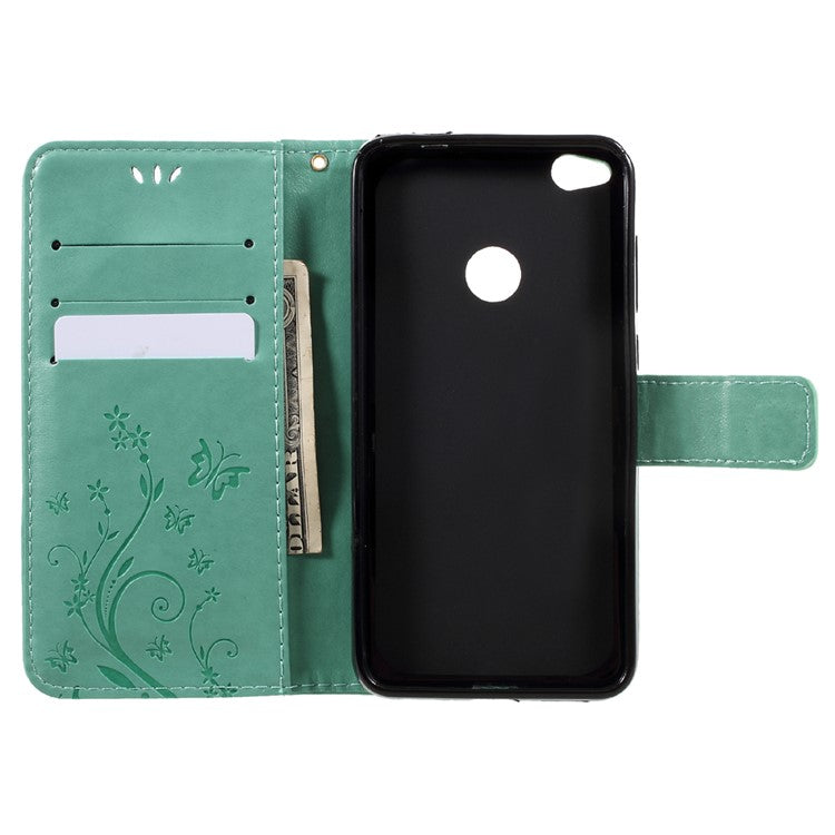 Imprinted Flora Butterflies Leather Phone Case Wallet for Huawei P8 Lite (2017) / Honor 8 Lite - Cyan