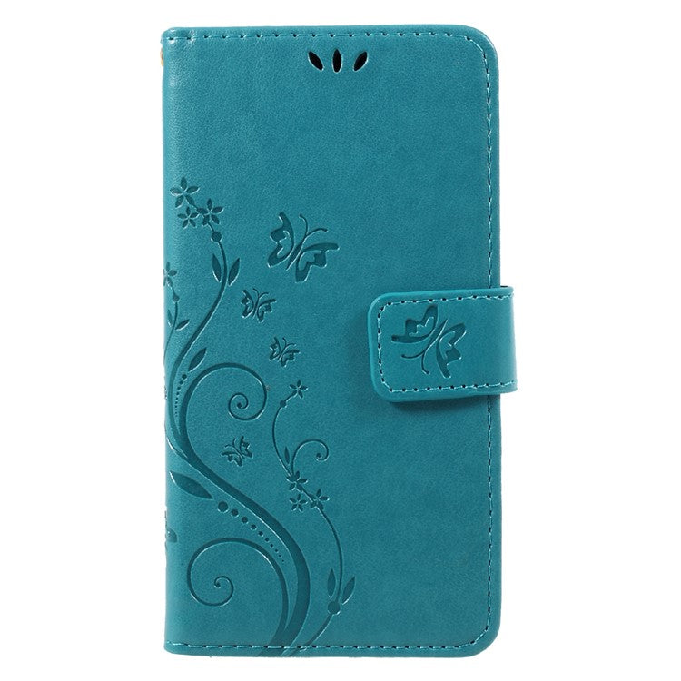 For Huawei P8 Lite (2017) / Honor 8 Lite Imprinted Flora Butterflies Leather Case Wallet Stand - Blue
