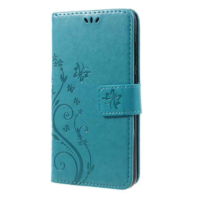 For Huawei P8 Lite (2017) / Honor 8 Lite Imprinted Flora Butterflies Leather Case Wallet Stand - Blue