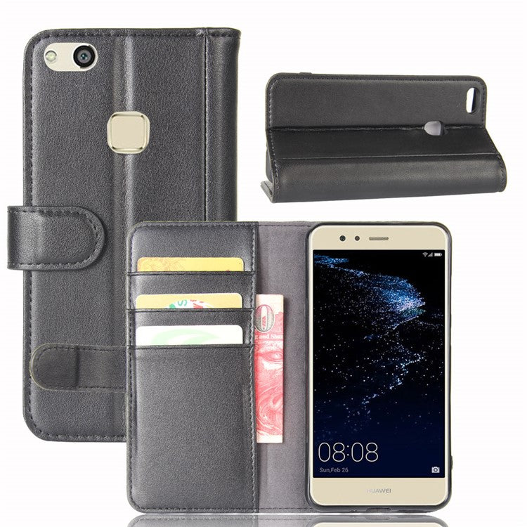 Genuine Split Leather Wallet Stand Case Cover for Huawei P10 Lite - Black
