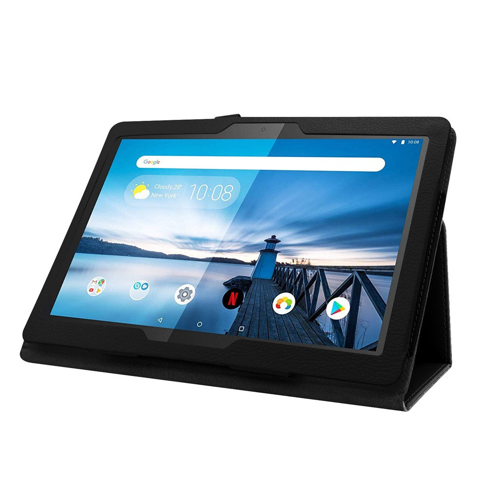 Anti-scratch Shockproof Litchi Texture Leather Stand Protective Phone Case Cover for Lenovo Tab M10 TB-X605F - Black