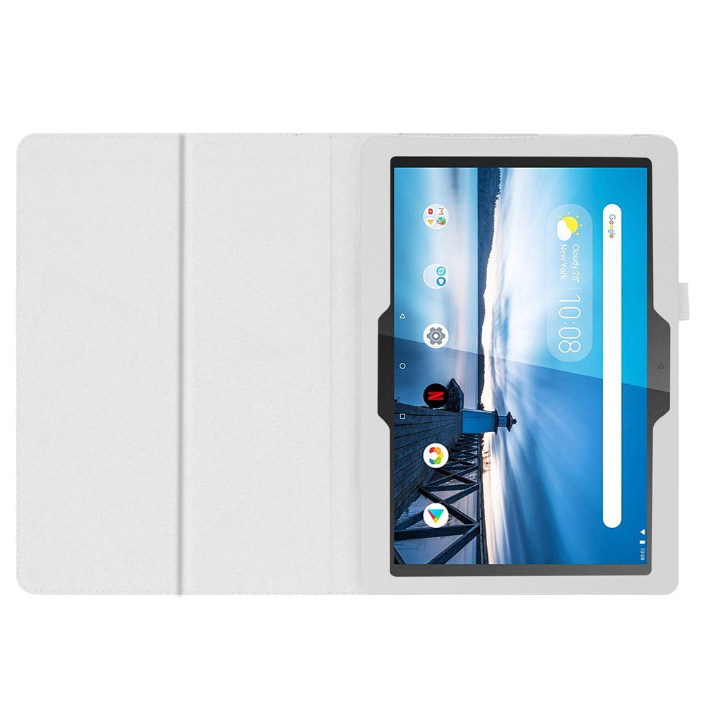 Anti-scratch Shockproof Litchi Texture Leather Stand Protective Phone Case Cover for Lenovo Tab M10 TB-X605F - White