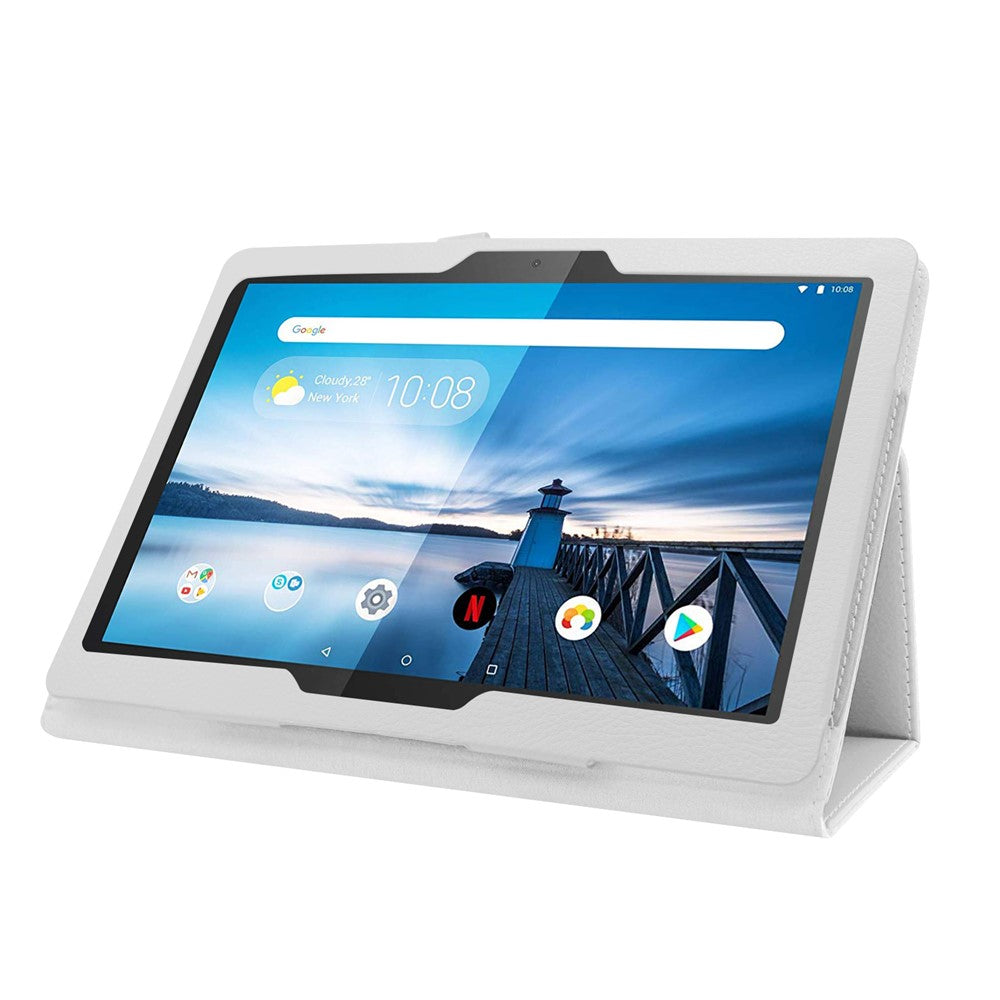 Anti-scratch Shockproof Litchi Texture Leather Stand Protective Phone Case Cover for Lenovo Tab M10 TB-X605F - White